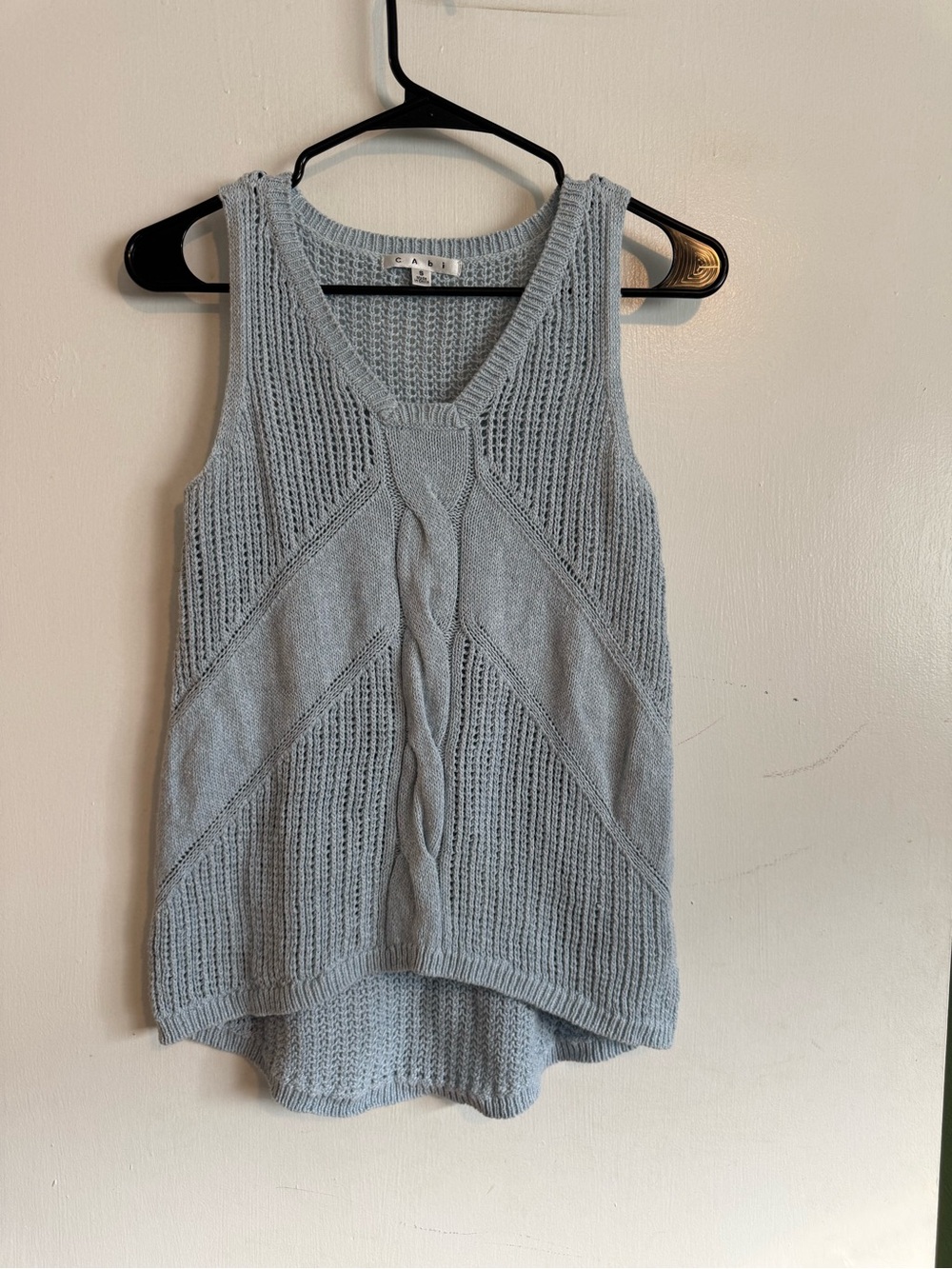 Cabi light blue sea spray open knit silk linen cotton blend sweater tank top